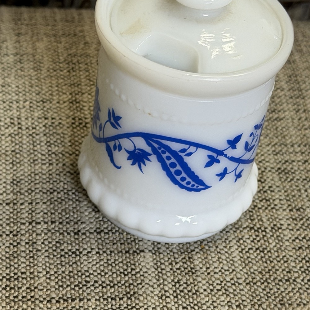 Hazel Atlas White Milk Glass Blue Sweet Pea Mustard Spice ApothecaryJars W/Lid - Picture 4 of 10